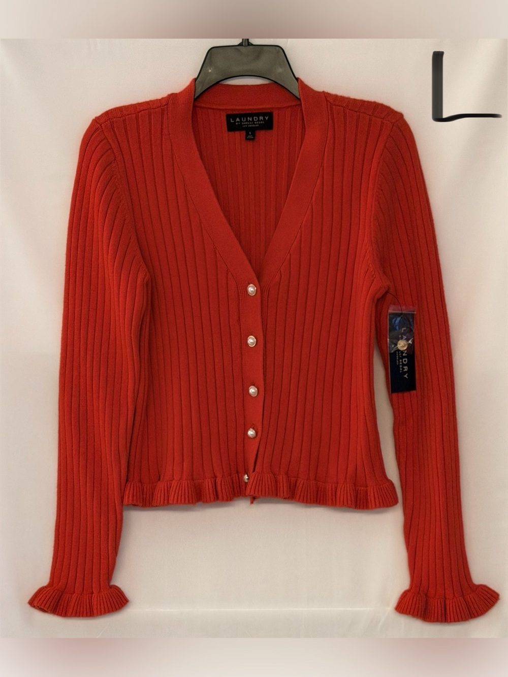 Laundry By Shelli Segal Orange Ribbed V-Neck Cardigan with Pearl Buttons